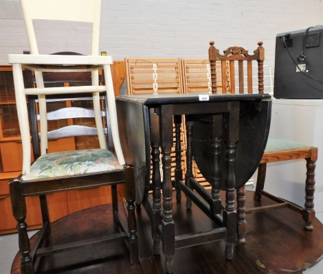 A stained gate leg table, oak dining chair with a pierced rail, slatted back and drop in seat, painted mid 20thC chair, 85cm high, etc. (a quantity) Lots 1501 to 1557 are available to view and collect at our additional premises SALEROOM NINE, Unit 9 Chan