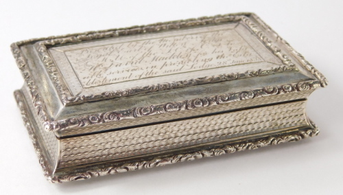 A William IV silver snuff box by John Tongue, the rectangular lid with a scroll outline with later engraving: Presented By The Members Of The Loyal Earl Of Wilton Lodge ... Dated 28th June 1838, with a plain silver gilt interior, 9cm wide, Birmingham, dat