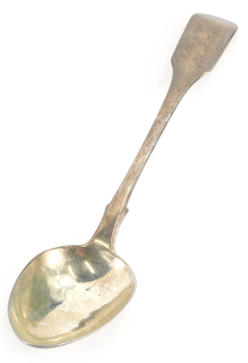 A George III silver basting spoon by George Murray, fiddle pattern, plain bowl, engraved handle, Newcastle, 1790, 31cm long, 4oz.