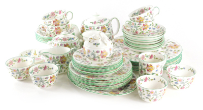 A Minton Haddon Hall pattern part dinner and tea service, to include teapot,10cm high, plates, cups, saucers, sideplates, dinner plates, bowls, etc., printed marks beneath. (a quantity)