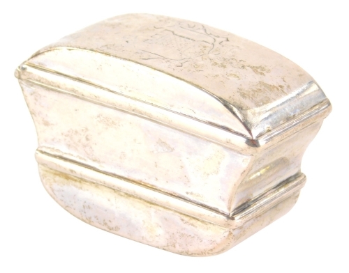 A Colonial silver box, of sarcophagus form, the domed lid etched with castle, with gilt interior, initialled MW, probably early 19thC, 4cm high.