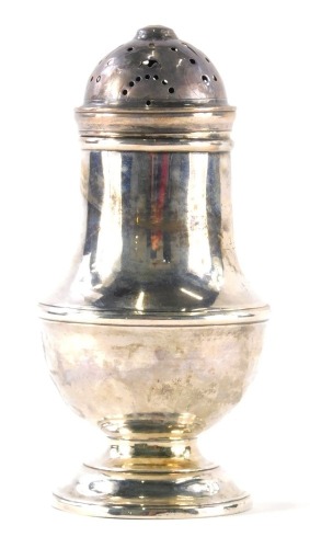 A George II silver pounce pot by Issac Cookson, with pierced domed lid, bellied circular body and circular foot, Newcastle, 1731, 13cm high,, 4.3oz.