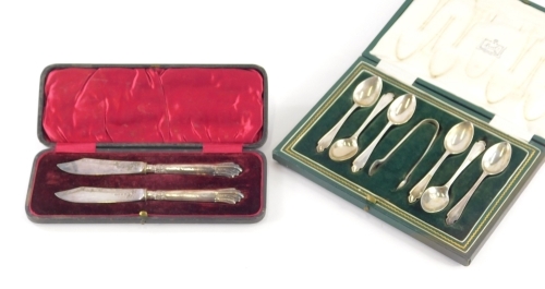 A set of George V silver teaspoons and sugar bows, Onslow pattern, Sheffield 1934, 2oz. (cased) and a further cased two piece knife set each with a chased blade.