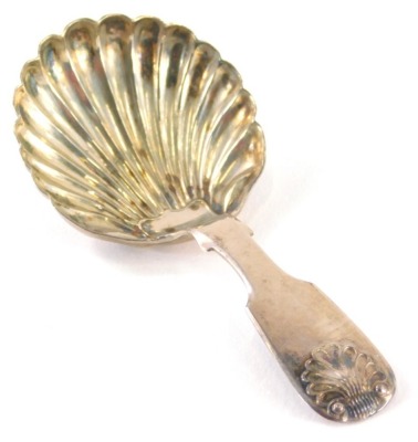 A Victorian silver caddy spoon, shell capped fiddle pattern, shell bowl, Newcastle, 1868, 9cm long.