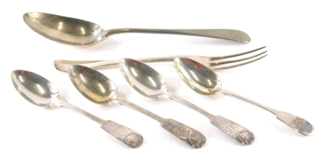 A pair of George III silver teaspoons, shell capped fiddle pattern, Newcastle 1803, 13cm wide, another similar, a London Britannia silver and a silver tablespoon, 5oz. (a quantity)