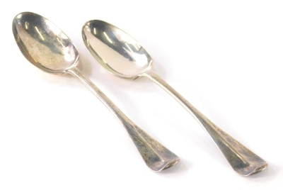 A pair of George II silver tablespoons by John Langlands, old English pattern, initialled, Newcastle 1744, 20cm long, 3.5oz.