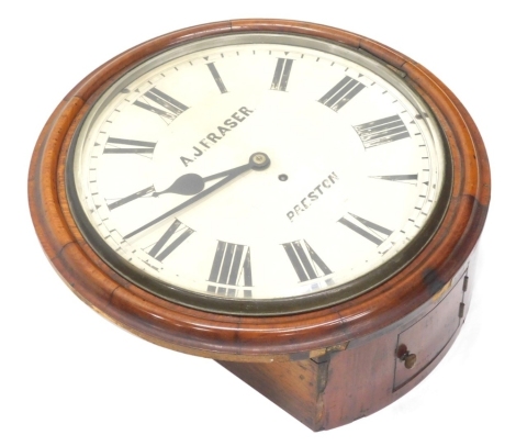 A J Fraser, Preston. A 19thC mahogany cased wall clock, with 35cm diameter Roman numeric dial, in a plain case, fusee movement, 47cm diameter, with pendulum and associated keys.