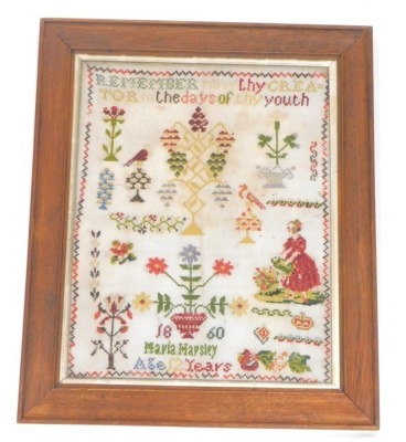 A Victorian pictorial and motto sampler, Remember Now Thy Creator in the Days of Thy Youth, dated 1860, named Maria Horsley, age 12 years, glazed and framed, 46cm x 32cm.