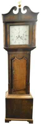 John Fernal, Wrexham. A 19thC longcase clock, the square painted dial decorated with gilt spandrels, with an eight day four pillar movement, in an oak and mahogany case, 212cm high overall.