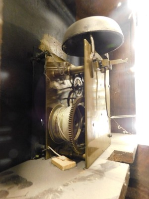 John Fernal, Wrexham. A 19thC longcase clock, the square painted dial decorated with gilt spandrels, with an eight day four pillar movement, in an oak and mahogany case, 212cm high overall. - 2