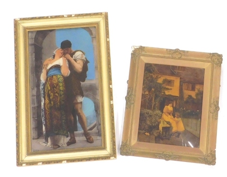 After Vernon. A Late Victorian Crystoleum, showing a lady and child before cottage, 26cm x 19cm, and another classical scene of figures embracing before arch (2).