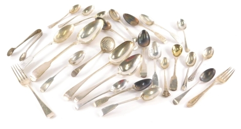 Various silver cutlery, flatware, George III and others, old English spoon, initialled MC 20cm wide, Georgian and later silver flatware, fiddle pattern, etc., various dates and makers, 19oz all in (a quantity)