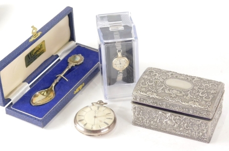 Various jewellery and effects, a silver pocket watch in partial engine turned case with vacant cartouche, an Ingersoll ladies cocktail watch with a 2cm wide dial, cased spoon and a dome top jewellery casket.