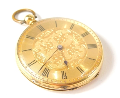 An 18ct gold Continental fob watch, with fancy dial, with Roman numeric chapter ring in engine turned case, with vacant cartouche, marked 18, with key, 40g all in, in associated 4cm diameter case.