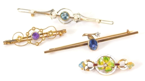 A bar brooch, set with oval blue stone and small white stone, 5cm long, two other brooches, one part enamel etc. (4)