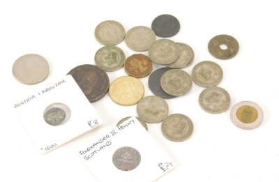 An Alexander III silver long cross style penny, an Austrian Kreuzer coin and various later shillings George VI, etc. (a quantity)