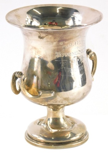 A George V silver trophy, The Solihull Homing Society Average Cup, of campana form, Birmingham 1929, 14cm high, 7.5oz.