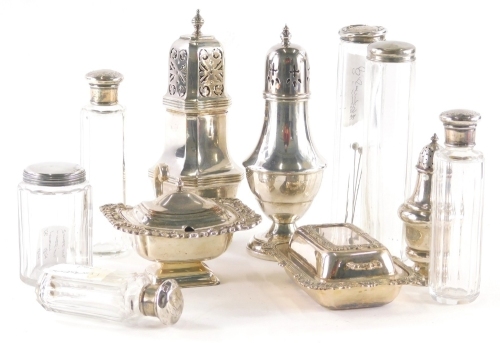 Various silver and silver plated ware, a quantity of needle jars, dressing table jars, silver tops mainly George V etc. other Victorian, Birmingham 1899, 12cm high, silver plated ware, miniature entree dish, mustard pot, etc. (a quantity).