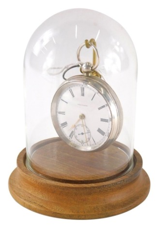 An Edwardian silver Waltham pocket watch, with 5cm Roman numeric dial with Arabic subsidiary secondhand with engine turned case, Birmingham 1908, in a suspended watch case with glazed domed lid.