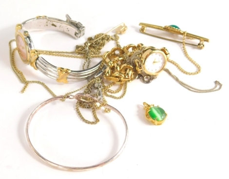 A group of costume jewellery, to include modern dress watches, pendants, silver heart bangle, silver chains, gold plated chains, etc. (a quantity)