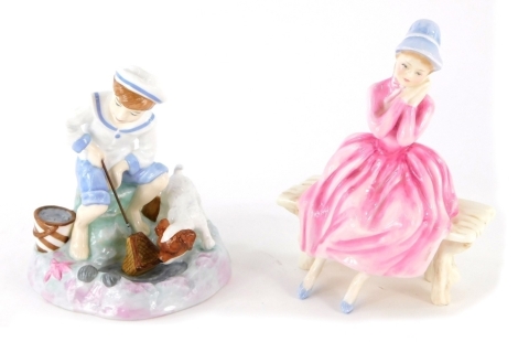 A Royal Doulton Child Hood Memories Figure, Caught One, printed marks beneath, 13cm high, and another, Young Dreams. (2)