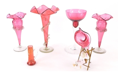 Various cranberry and other glassware, a specimen vase with flared rim, 26cm high, a pair of other vases with a plain glass floral banding, etc. (a quantity)