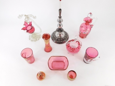 Various cranberry and other ruby flash glass, etc., a Mary Gregory style cup with plain handle, decorated with child, 11cm high, ewer basket with plain supports, open dish, an epergne with silver plated stand, etc. (a quantity) - 2