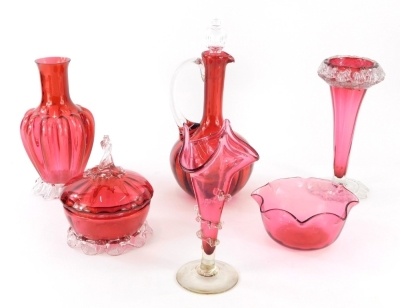 Various cranberry and other glassware, a lidded bonbon basket with plain glass flame finial and shaped base, 16cm high, specimen vase with raised banding, further vases, ewer, etc. (a quantity)