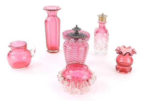 Various cranberry and other glassware, vase, 15cm high, another with decorated body, open salt flash glass perfume bottle, etc. (a quantity)