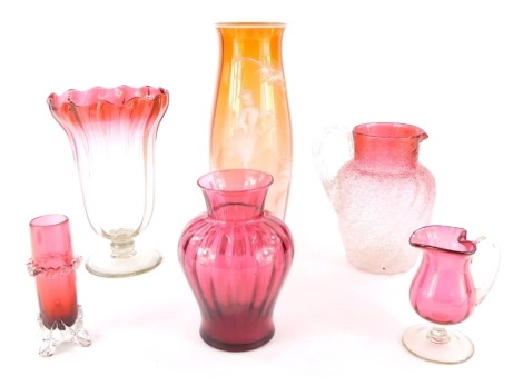 Various cranberry and other glassware, a ruby glass vase of shouldered circular form, 16cm high, various other flash glass vases, cranberry ewer with plain handle and base, etc. (a quantity)