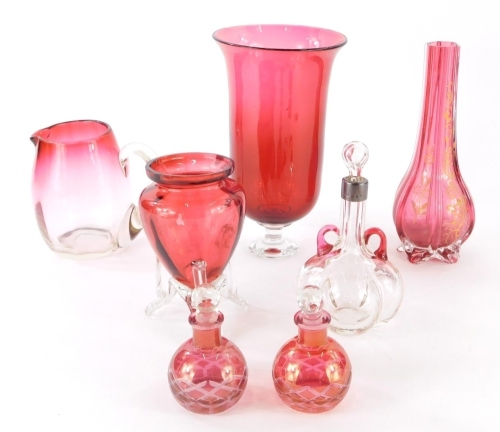 Various cranberry and other glassware, a vase with plain glass base, 14cm high, flash glass jug, various other items, etc. (a quantity)