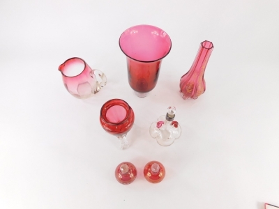 Various cranberry and other glassware, a vase with plain glass base, 14cm high, flash glass jug, various other items, etc. (a quantity) - 2