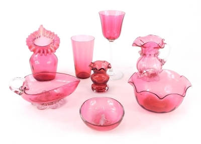 Various cranberry and other glassware, handkerchief vase with flared rim, 14cm high, jug, wine glass with plain base, etc. (a quantity)