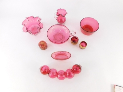 Various cranberry and other glassware, sugar bowl, 12cm diameter, flared basket, shaped circular vase, set with five sections, etc. (a quantity) - 2