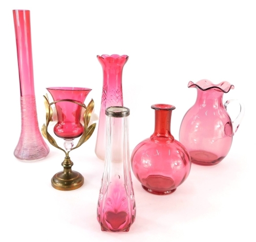 Various cranberry and other glassware, a flash glass vase, 27cm high, cranberry jug, Art Nouveau floral vase, etc. (a quantity)