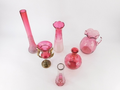 Various cranberry and other glassware, a flash glass vase, 27cm high, cranberry jug, Art Nouveau floral vase, etc. (a quantity) - 2