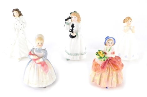 Various Royal Doulton figures, Christmas Day HN3488, printed marks beneath, 16cm high, others to include Cissie, The Rag Doll, Hello Daddy, etc. (5).