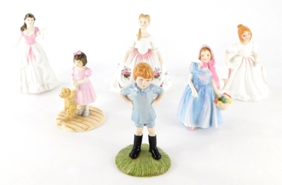 Various Royal Doulton figures, The Winnie The Pooh Collection, Christopher Robin WP9 numbered 72, printed marks beneath, 15cm high, various others With All My Love, Wendy, etc. (6).