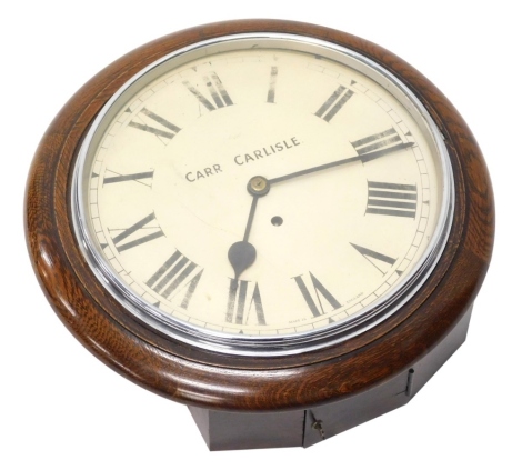 An early 20thC Smiths Enfield oak cased wall clock, the 29cm diameter dial marked Carr Carlisle in shaped oak case, key wind movement, 39cm diameter, with associated keys.