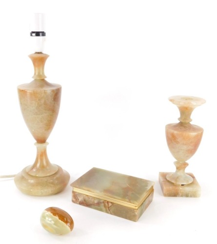 An onyx table lamp, with modern fittings, 41cm high, cigarette box, vase, etc. (a quantity) WARNING! This lot contains untested or unsafe electrical items. It is supplied for scrap or re-conditioning only. TRADE ONLY