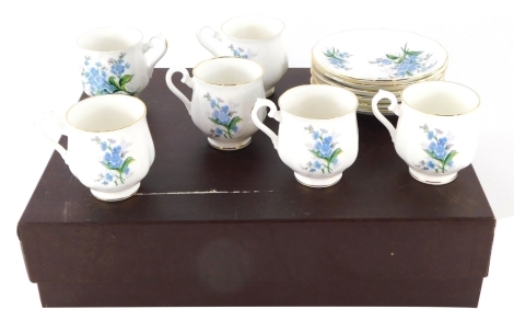 A Royal Albert Forget Me Not pattern part tea service, comprising cups, 7cm high, saucers and side plates, settings for six, printed marks beneath, in associated box. (a quantity)