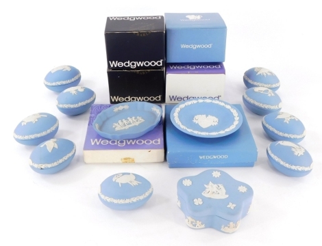 Various Wedgwood blue Jasperware ornaments, some partially boxed to include eggs set with birds, 7cm wide, various other eggs, pin dish, etc., impressed marks beneath. (a quantity)