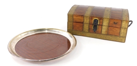 An eastern box, with hammered brass style banding, 36cm wide, and a serving tray. (2)