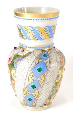 A 19thC continental glass baluster vase, hand painted with blue diamonds with gilt highlights, 25cm high.