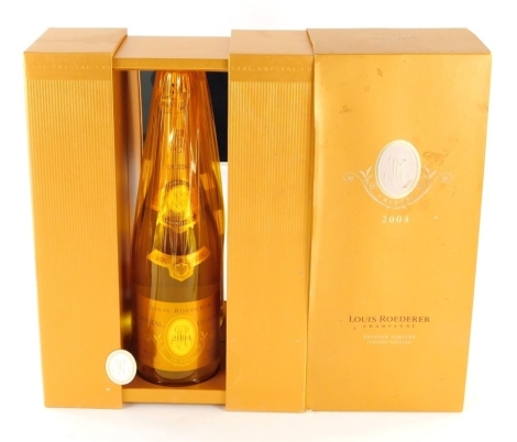 A boxed bottle of Louis Roedere 2004 champagne, limited edition.