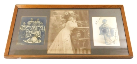 A framed photograph group of the Elliott Savannas, A Troupe of Musical Touring Siblings, with Marie Lloyd in the centre, partially signed, three in one frame, 32cm x 58cm.