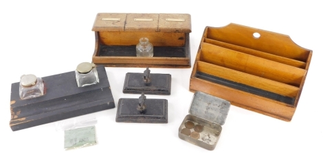 Various desk items, treen, etc., ink stands, blotters, three sectional ink stand, 28cm wide, etc. (a quantity)