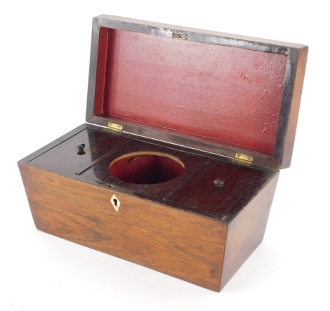 A 19thC rosewood sarcophagus shaped tea caddy, with part fitted interior 18cm high, 29cm wide, 15cm deep.