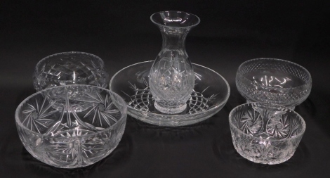 Various glassware, cut glass and other bowls, vase with hobnil cut decoration, 26cm high, etc. (a quantity)