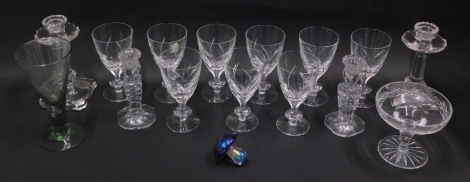 Various drinking glasses, crystal glassware, part suite of crystal wine glasses, 15cm high, pair of candlesticks, fitted bowl, Georgian style, ale glass, etc. (a quantity)